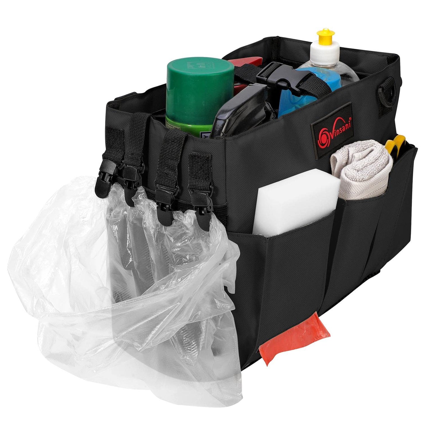 Vinsani Cleaning Caddy Multifunctional Storage Organiser Bag with Handle and Adjustable Waist and Shoulder Straps for Cleaning Supplies, Home, Craft, Car and Garden Tool Kit – Large Black