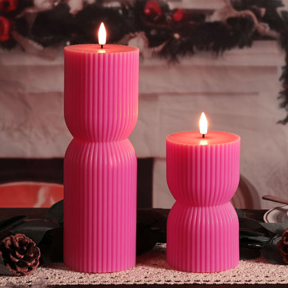 Girimax Hot Pink Ribbed Flameless Pillar Candles with Remote, Real Wax Flickering Battery LED Candles Set of 2