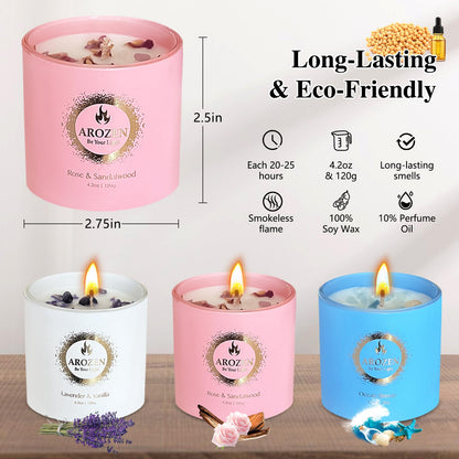 AROZEN 3 Pack Scented Candles Gift Set for Women – Lavender, Ocean, Rose Soy Candles with Crystals & Seashells, 70-Hour Total Burn Time, Aromatherapy Candle Set for Home Decor, Mother’s Day Birthday