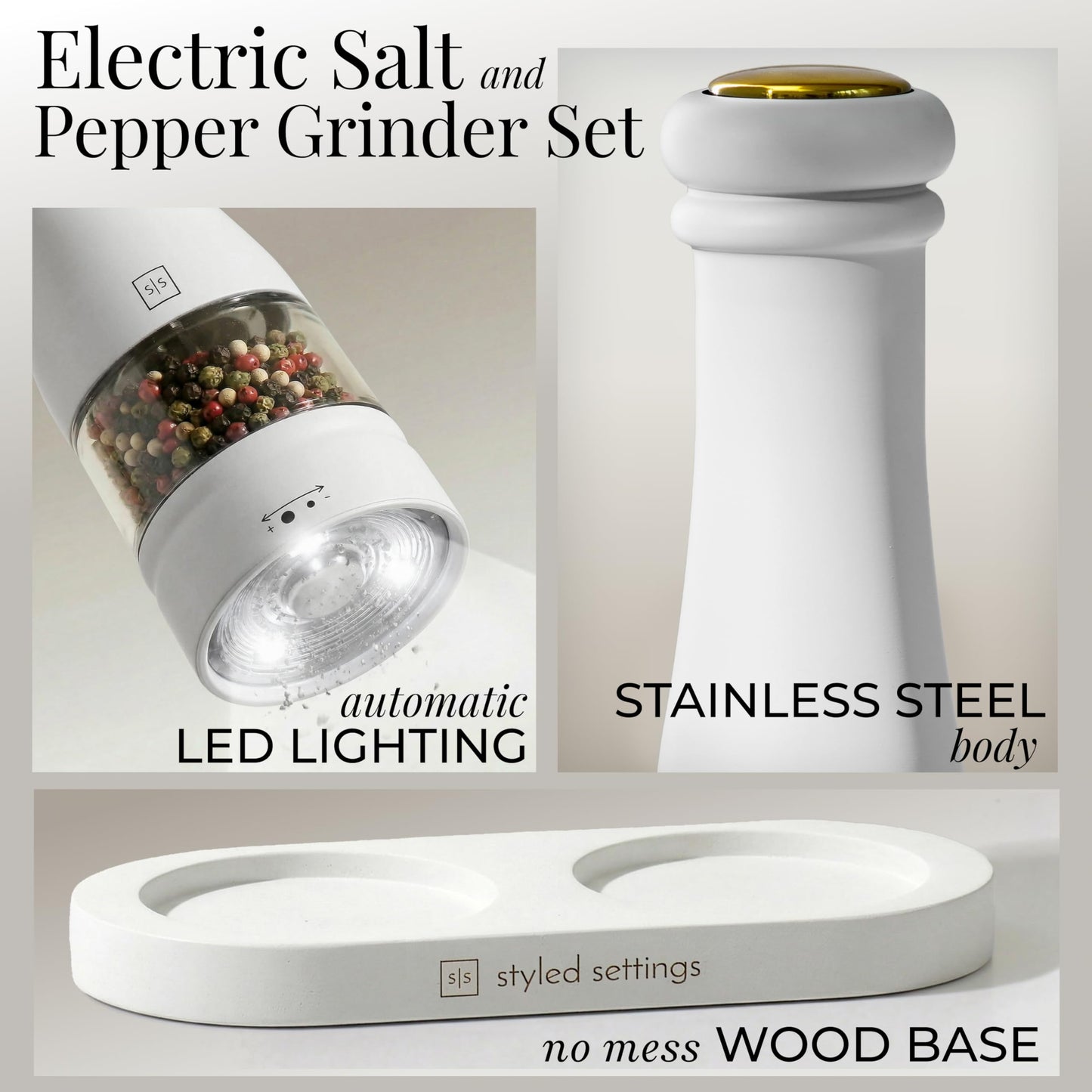 Electric Salt and Pepper Grinder Set - Styled Settings White Electric Salt and Pepper Shakers, Automatic Stainless Steel Set with LED Light, Battery Operated, Adjustable Coarseness, Wood Base