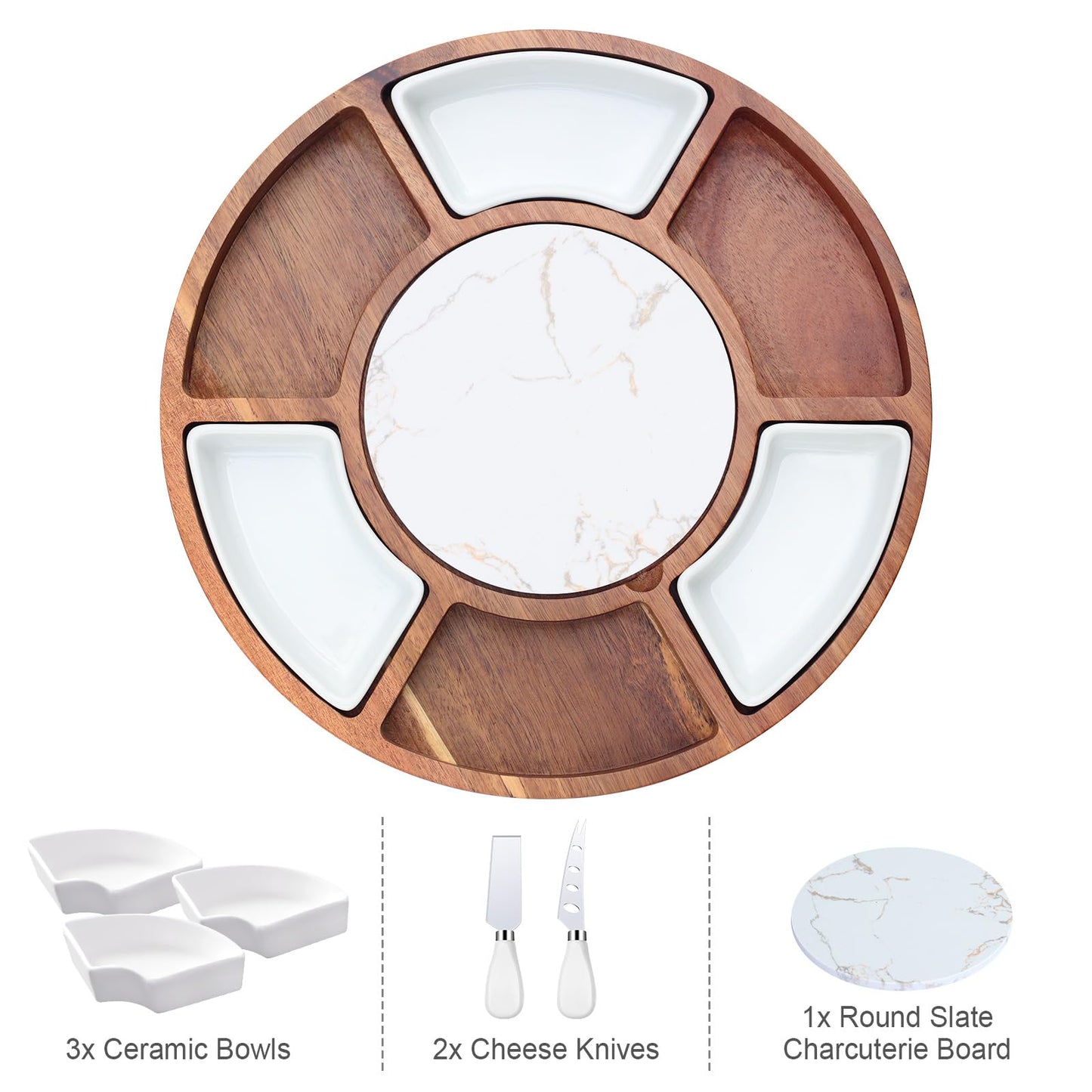 360° Rotating Lazy Susan Cheese & Charcuterie Board Set - 13.5" Acacia with Built-in Slate Chiller, 3 Ceramic Bowls & 2 Cheese Knives - Housewarming, Birthday & Wedding Gift