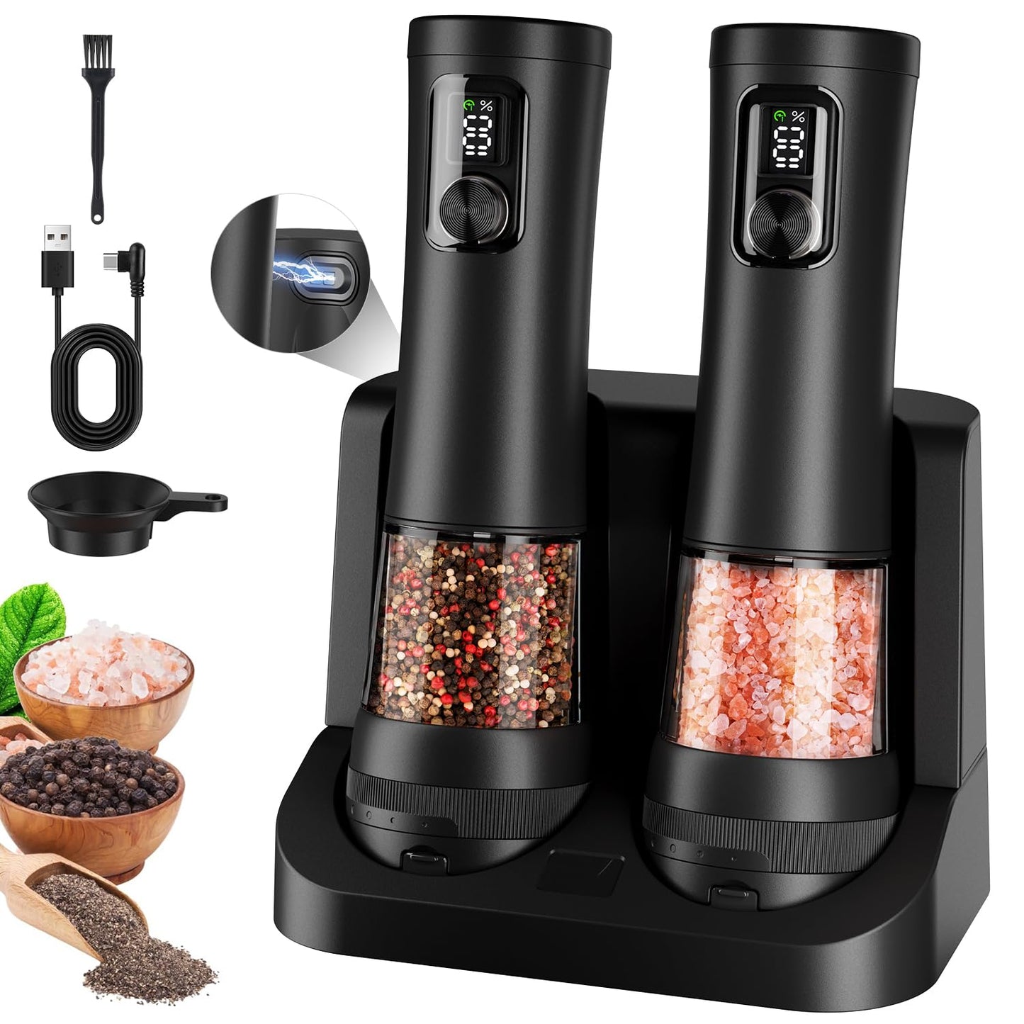 Electric Salt and Pepper Grinder Set, Automatic Refillable Salt and Pepper Shakers 2-Speed Setting with LED Light and 5 Adjustable Coarseness,Practical and Convenient Kitchen Gadgets（Black）