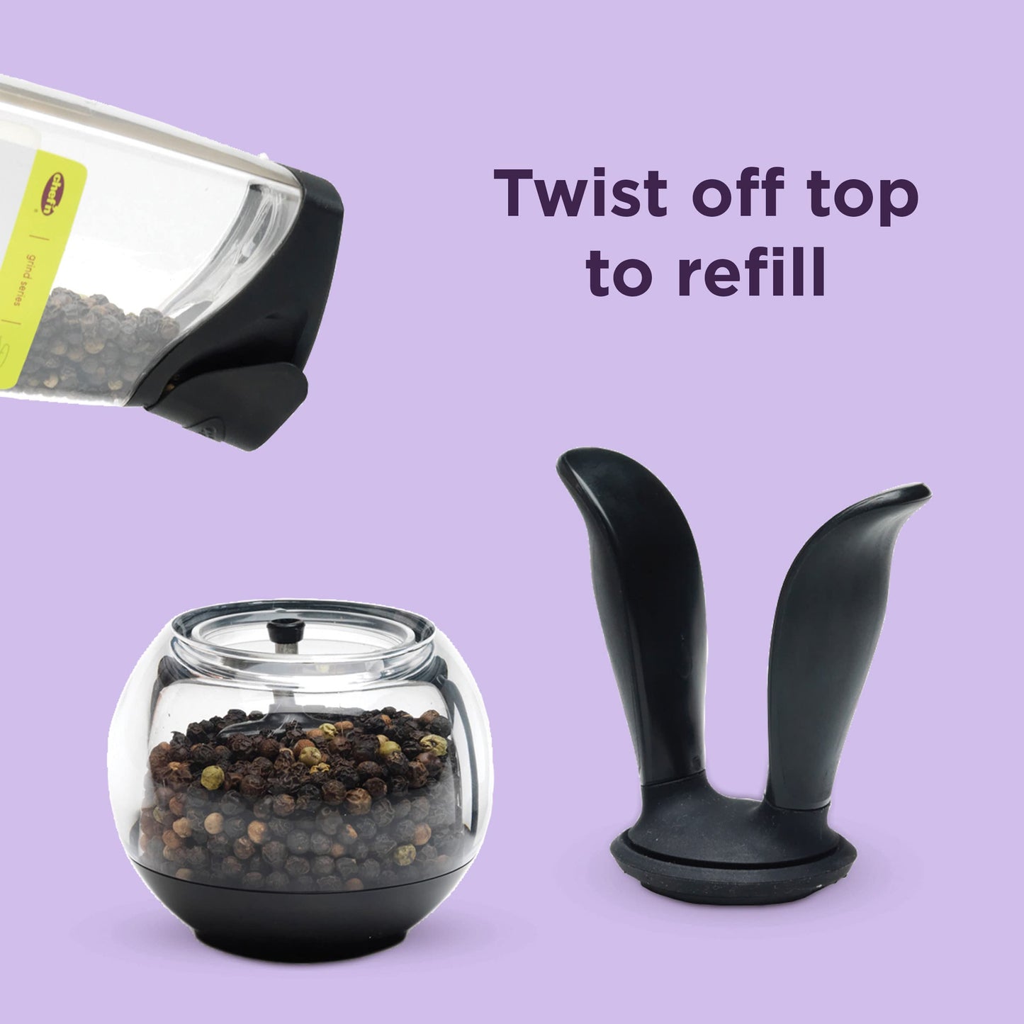 Chef'n PepperBall Pepper Grinder, One Handed Refillable Pepper Mill, Adjustable from Ultra-Fine to Coarse, 8 x 8 x 15 cm, Black