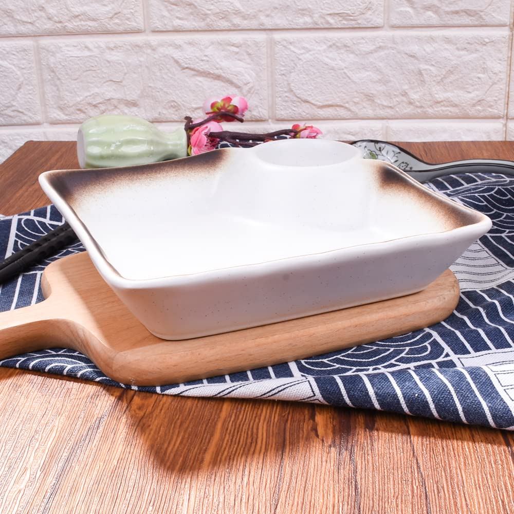 LMRLCS Ceramic Dumpling Plates Set of 2-7.4 Inch Divided Serving Trays with Sauce Compartment - Japanese Style Sushi Plates for Appetizers & Side Dishes, Microwave & Dishwasher Safe, Black & White