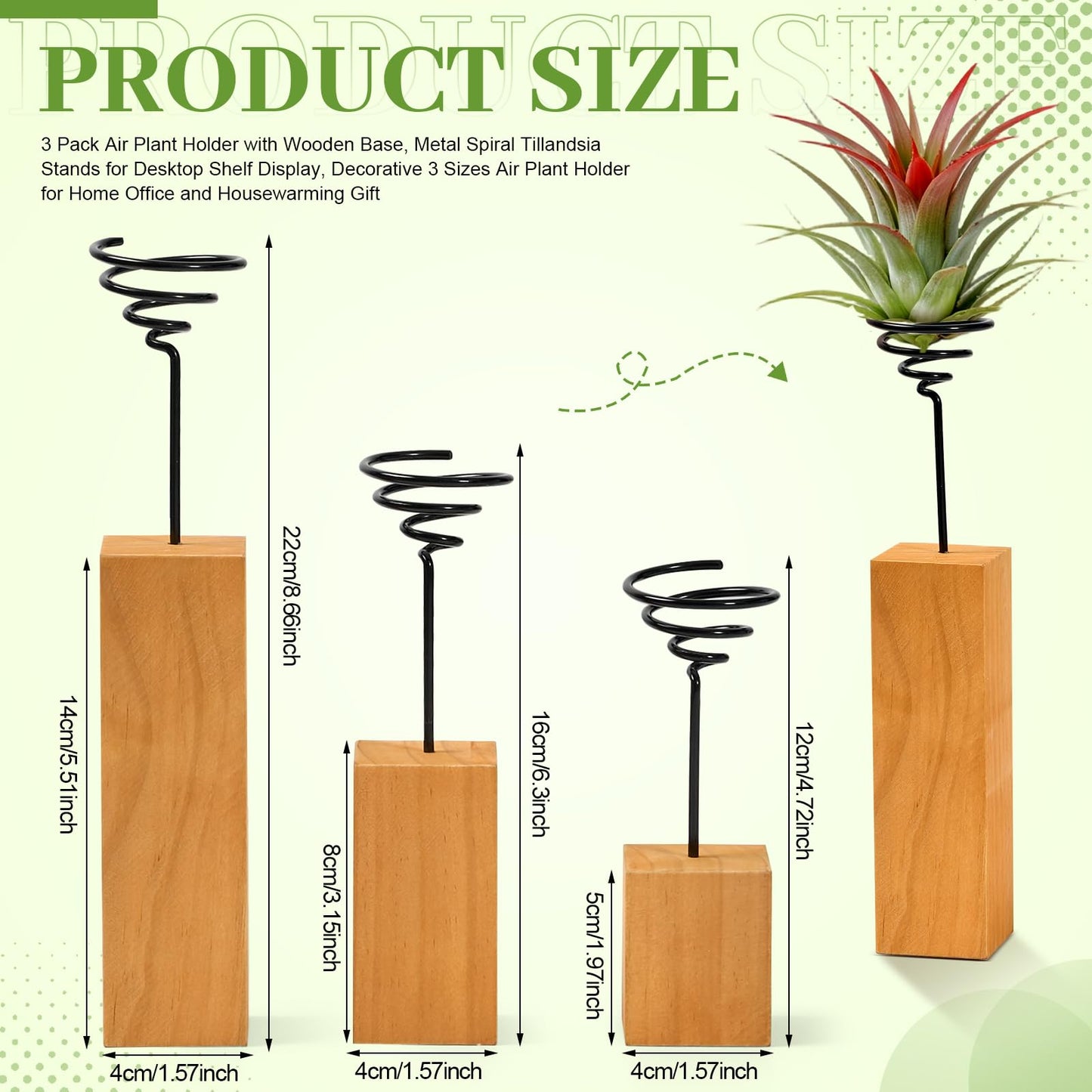 ARQRHTLY 3 Pack Air Plant Holder with Wooden Base, Metal Spiral Tillandsia Stands for Desktop Shelf Display, Decorative 3 Sizes Air Plant Holder for Home Office and Housewarming Gift