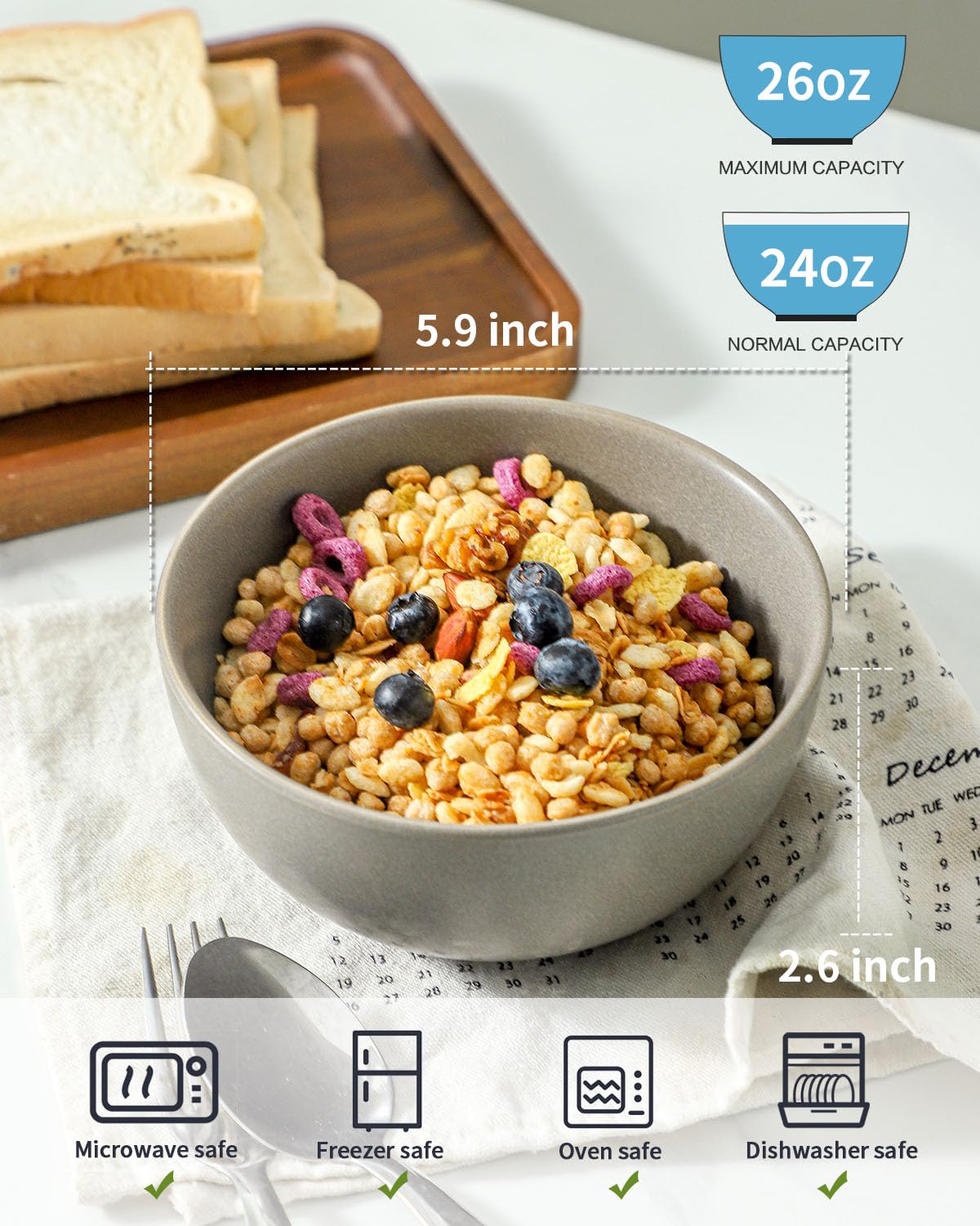 Tikooere Cereal Bowls Set of 4, 24 oz Ceramic Bowls for Kitchen, Stoneware Soup Bowls for Salad, Ramen, Snack, Dessert, Unique Housewarming Gift, Dishwasher Microwave Safe, Matte Gray