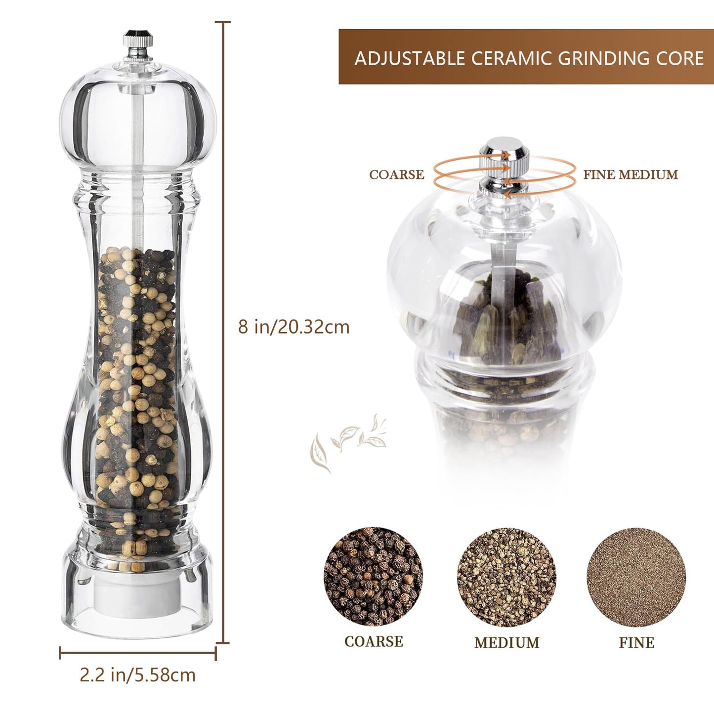 LHS Salt and Pepper Grinder Set, Manual Pepper Mills, 2Pcs Salt Grinder Peppercorn Grinders with Adjustable Coarseness-Clear