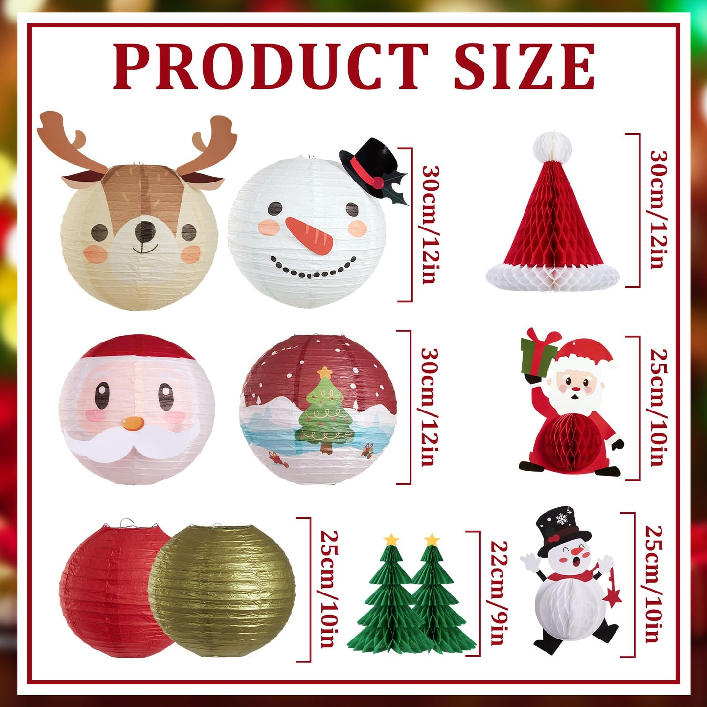 OBBOLO Christmas Hanging Paper Lanterns and Honeycomb Set, 11 PCS Santa Snowman Reindeer Theme Lanterns and Paper Christmas Tree Honeycombs, Holiday Ceiling Party Decorations for Home, Classroom