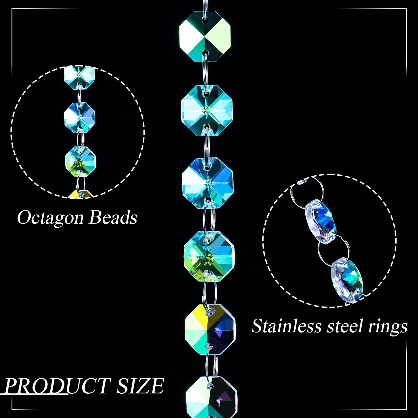 Blushtier Crystal Garlands Acrylic Octagon Bead Strands 14mm Iridescent Clear Diamond Hanging Chandelier Chain Ornament String for Wedding Manzanita Centerpiece Holiday Party(99 ft)
