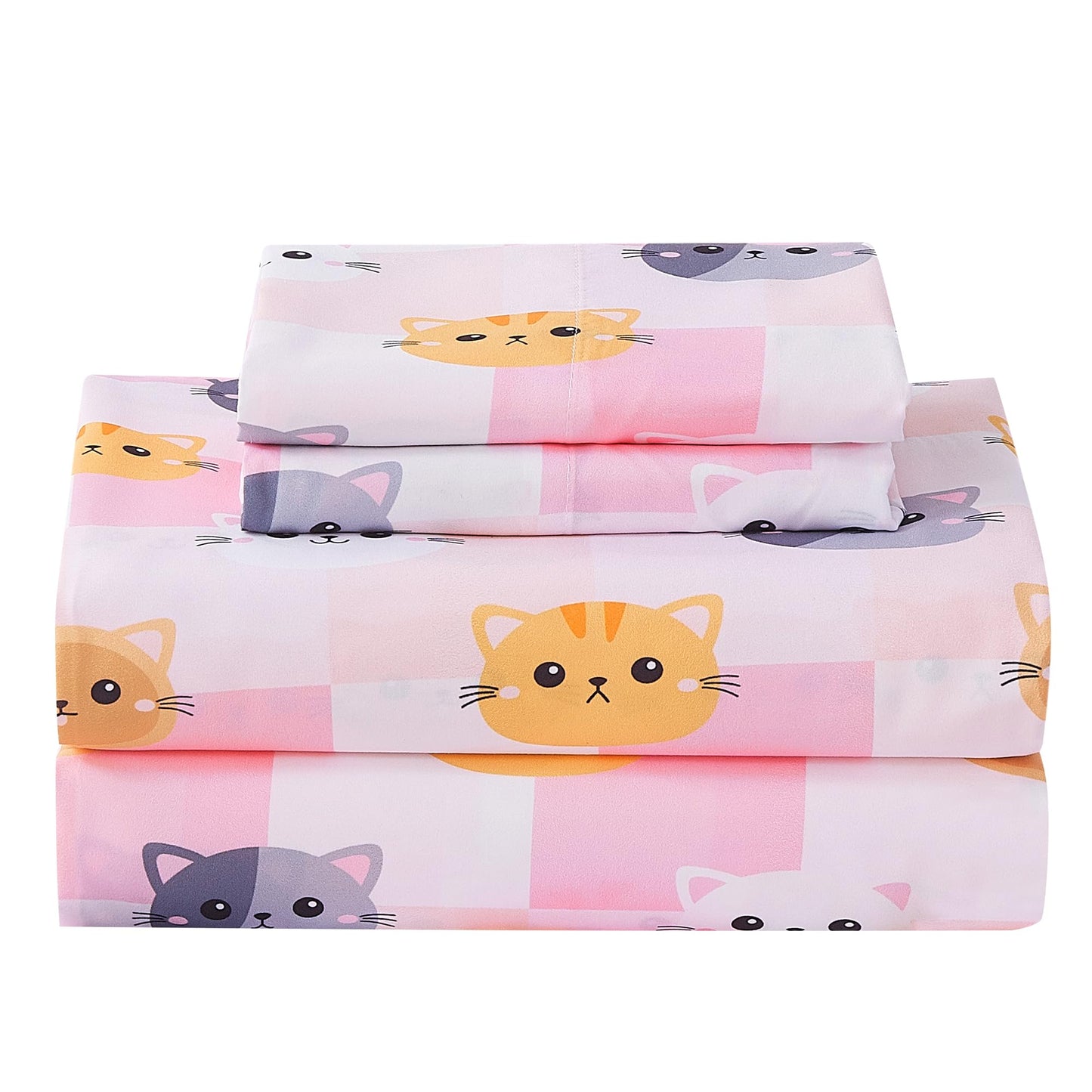 CozySmile Full Sheet Set Kids,4 Pieces Breathable Soft Microfiber Bedsheets for Child Girls, Oeko-TEX, Anti Pilling Deep Pockets Easy Care Bed Sheets, Cat Plaid