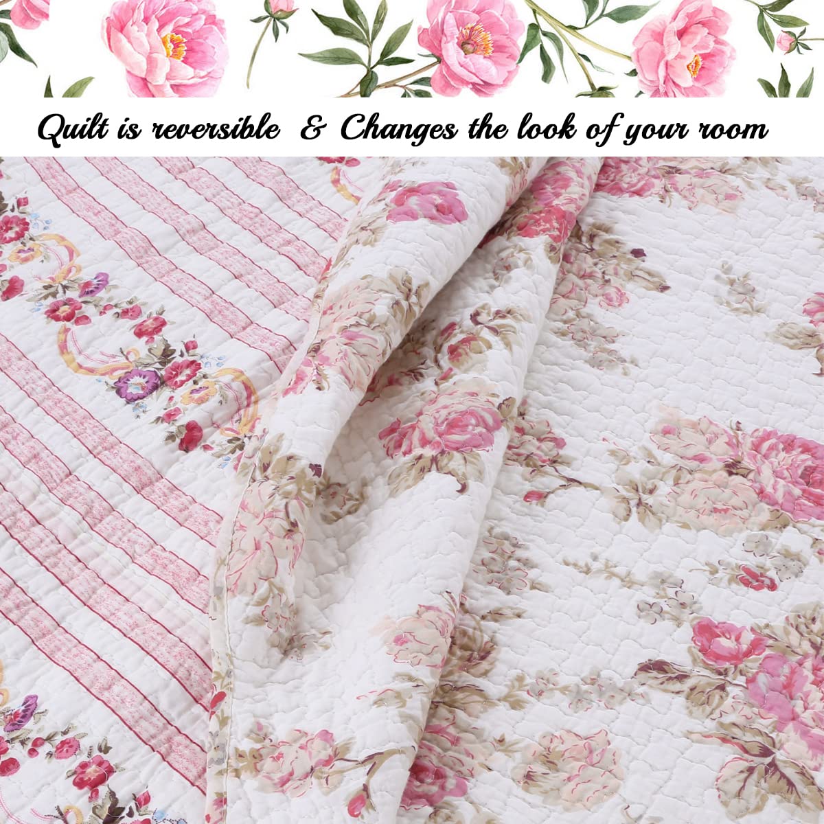 Cozy Line Home Fashions Romantic Pink Peony Floral 100% Cotton Reversible Quilt Bedding Set, Coverlet, Bedspread (Pink Peony, Queen - 3 Piece)