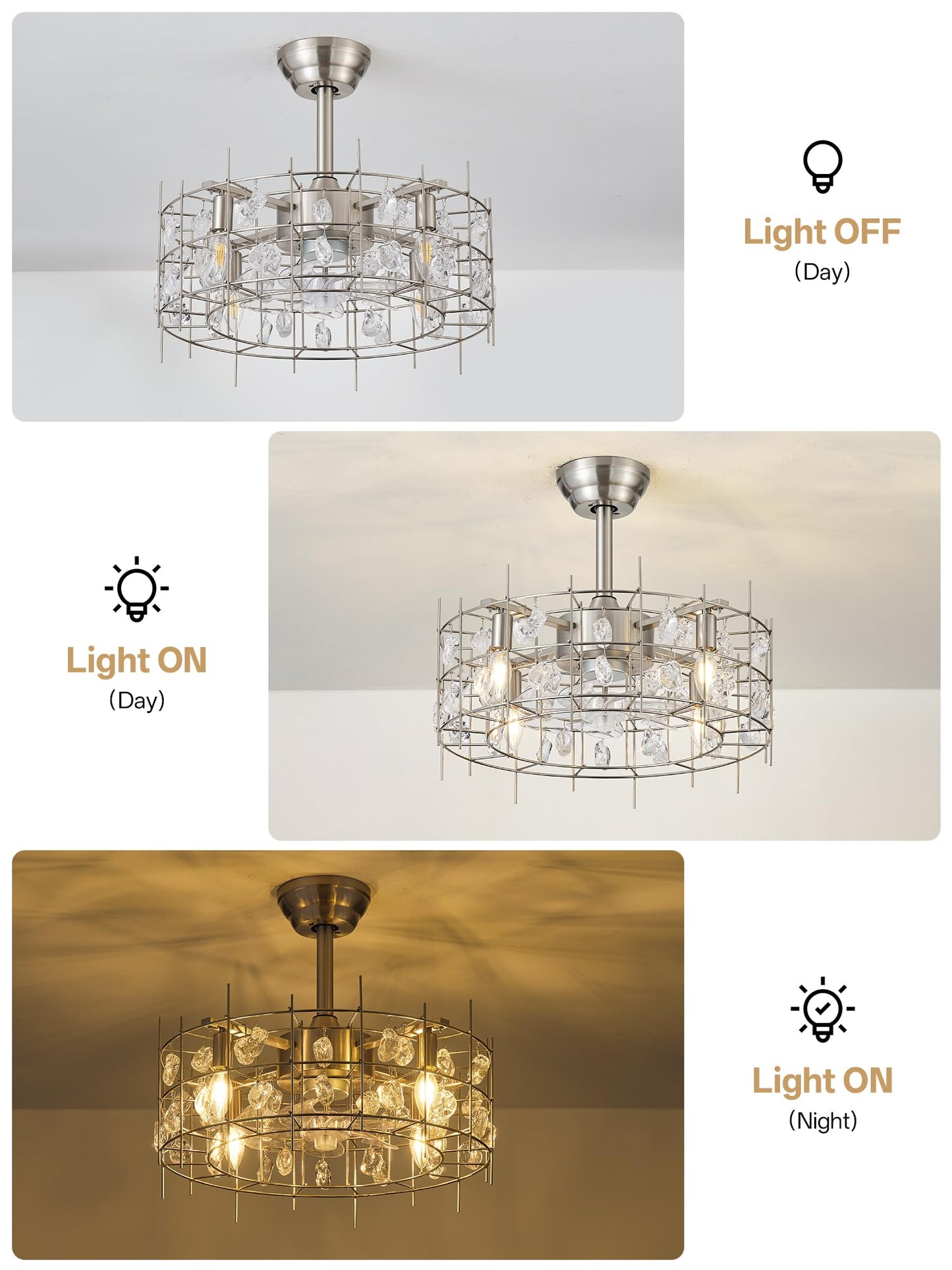 Bexilyny 20” Silver Crystal Chandelier Ceiling Fans, Silver Crystal Fandelier Ceiling Fan with Lights Caged, Remote Control 6 Speed for Living Room, Bedroom, Dining Room