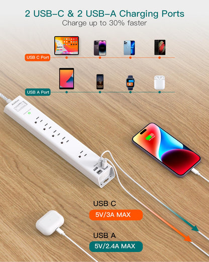 2 Pack Power Strip Surge Protector - 5 Widely Spaced Outlets 3 USB Charging Ports, 1875W/15A with 5Ft Braided Extension Cord, Flat Plug, Overload Surge Protection, Wall Mount for Home Office,White