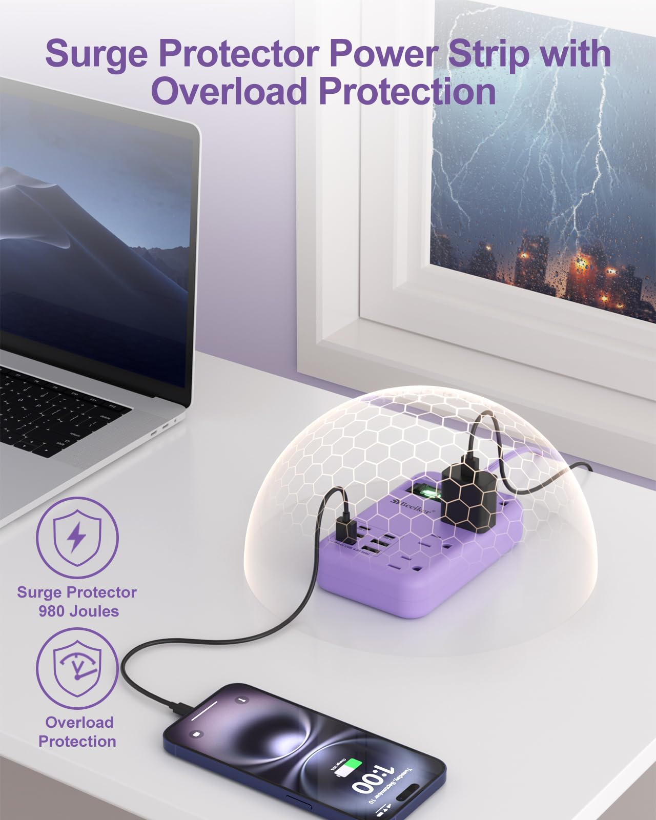 6 USB(2 USB C) Purple Travel Power Strip- 5Ft Lavender Extension Cord with 24W USB Charging Station and 4 Outlets, Purple Desk Accessories with Surge Protector for Cute Kawaii Office Dorm Room