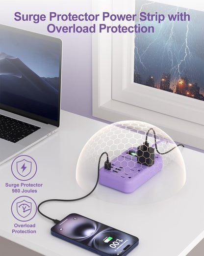 6 USB(2 USB C) Purple Travel Power Strip- 5Ft Lavender Extension Cord with 24W USB Charging Station and 4 Outlets, Purple Desk Accessories with Surge Protector for Cute Kawaii Office Dorm Room