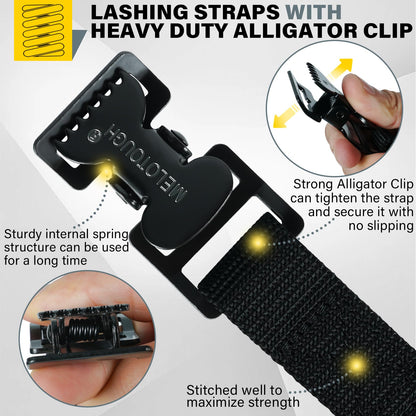 MELOTOUGH 4Pk 1" x 2ft Lashing Strap with Alligator Thumb Buckle Cargo Secure Webbing Up to 450lbs,Ladder Straps,Tie Down Straps,Utility Straps with Clips,Black