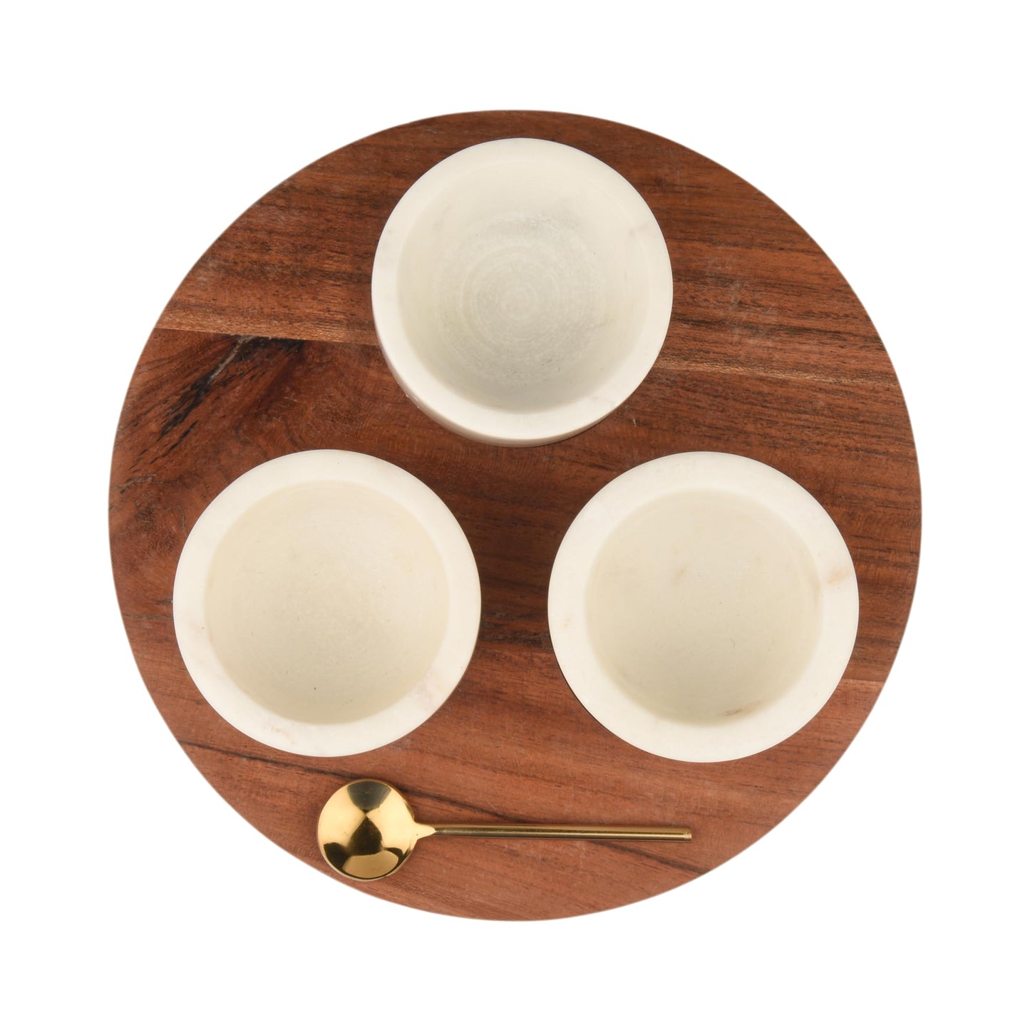Cruiser’s Caché 3 Piece White Marble Salt and Spice Cellar or Dipping Bowls with Wood Tray and Gold Spoons