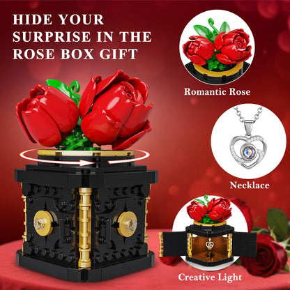 HOGOKIDS Flowers Box Building Set with LED & Necklace, for Mom/Wife, 312PCS Preserved Rose with Heart Necklace for Adults Women on Birthday Anniversary, I Love You in 100 Languages