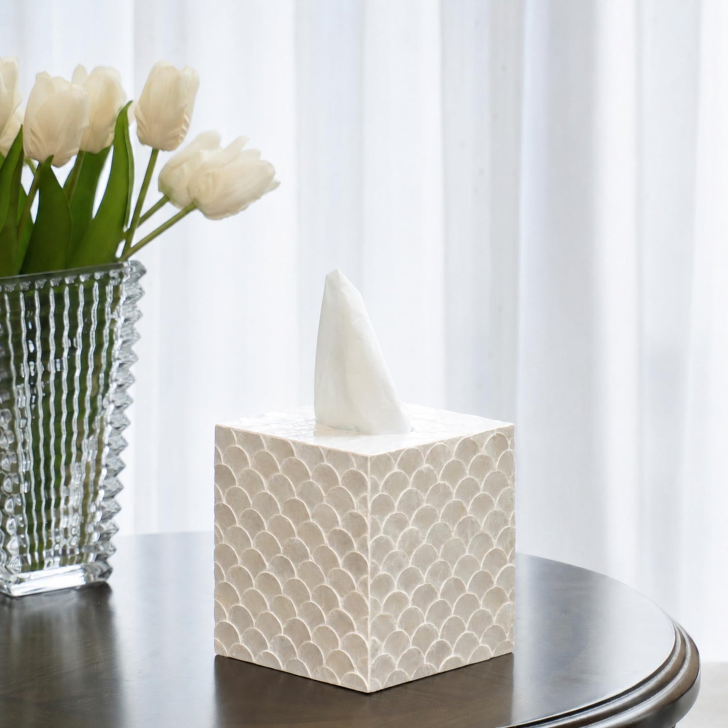 5.9" Capiz Shell Tissue Box Cover for Kleenex and More, Square Decorative Holder with Bottom Slider, Handmade Bathroom Accessory Coastal Décor (Natural)