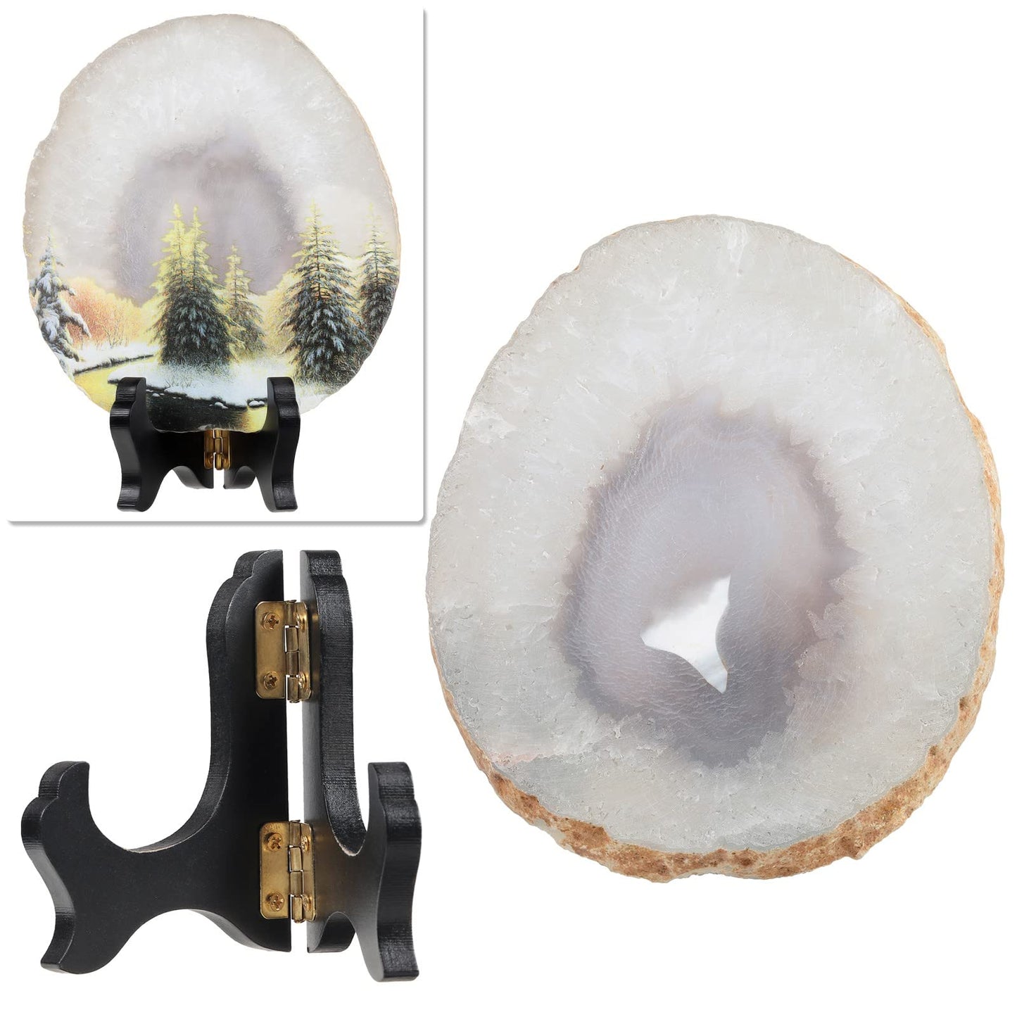 SUNYIK Natural Geode Agate Slice Display with Wooden Stand, Irregular Agate Slab Tabletop Desktop for Office Home Decor, Landscape-2