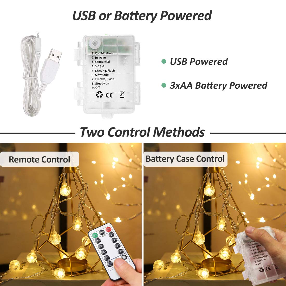 Zorela Globe Fairy Lights, 15M/49ft 100 LED Globe String Lights with Remote - USB or Battery Powered - 8 Modes - Outdoor Indoor String Fairy Lights for Christmas, Balcony, Gazebo, Garden, Camping