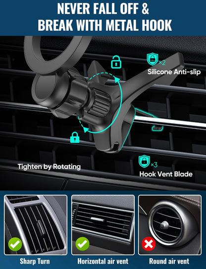 Super Magnets-Magnetic Car Phone Mount, Air Vent Phone Holder Car, Magnetic Car Mount for iPhone 16 15 14 13 14 Pro Max Plus, V-Black