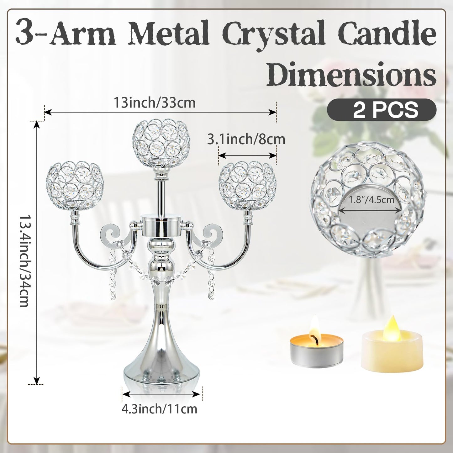 3-Arm Metal Candelabra with Crystal Bowls, Tealight Holder Centerpiece for Birthday, Dining Table, Party Decor, Christmas and Home Decoration (2, Silver)