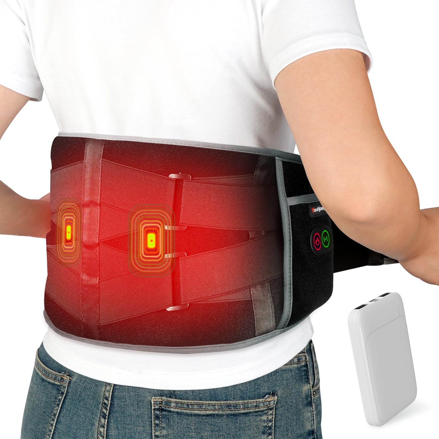 Comfytemp Cordless Heating Pad with Massager for Back Pain Relief, Portable Lower Back Massager FSA Eligible HSA Rechargeable, Birthday Gifts for Women Men Mom Dad Seniors Christmas 3 Heat 30 Auto-Off