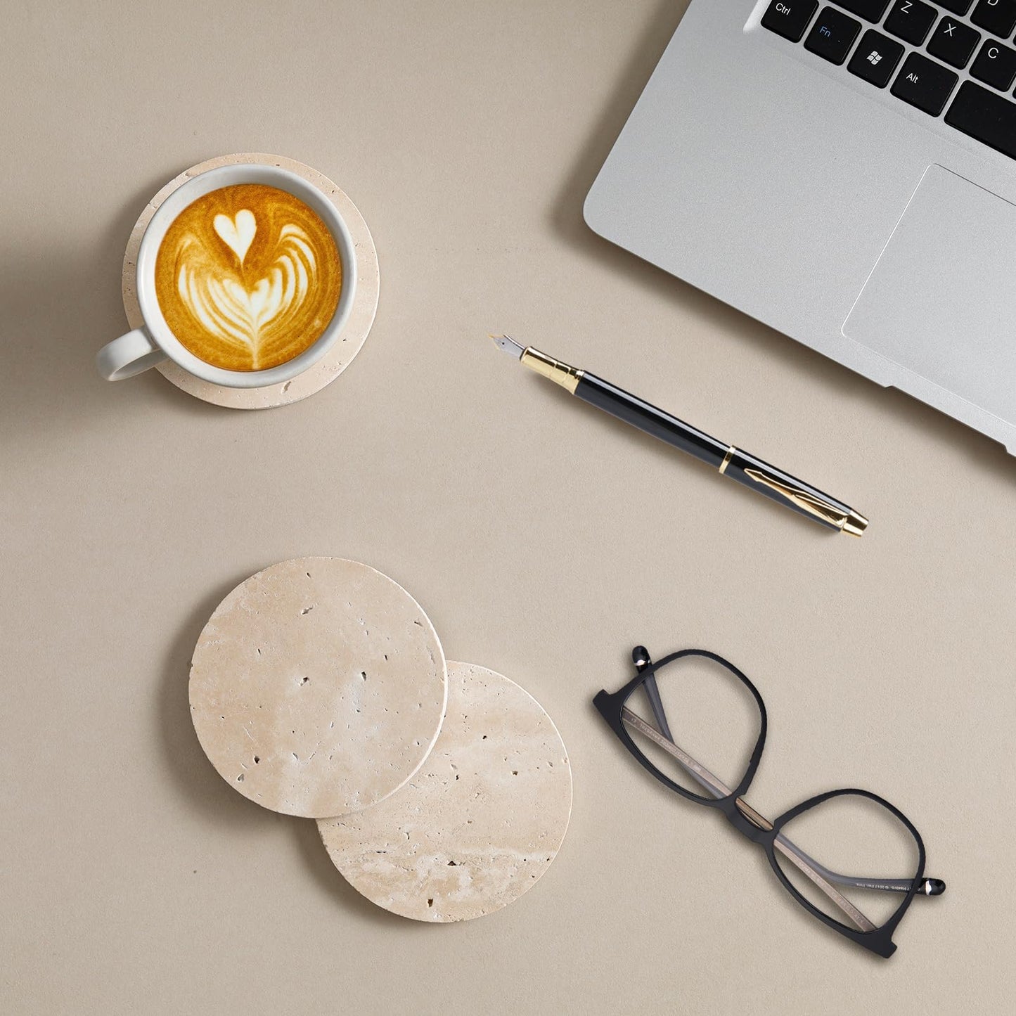YONGHEE Italian Travertine Coasters Set of 6, Farmhouse Rustic Neutral Style Marble Drink Coasters for Coffee Table Decor, 4 Inch Round Porous Natural Stone Absorbent Coaster, Housewarming Gift