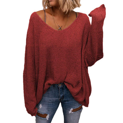 BZB Women's V Neck Long Sleeve Knit Loose Oversized Pullover Sweater Top