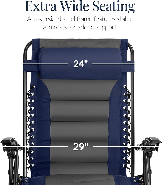 Best Choice Products Oversized Padded Zero Gravity Chair, Folding Outdoor Patio Recliner, XL Anti Gravity Lounger for Backyard w/Headrest, Cup Holder, Side Tray, Polyester Mesh - Navy/Gray