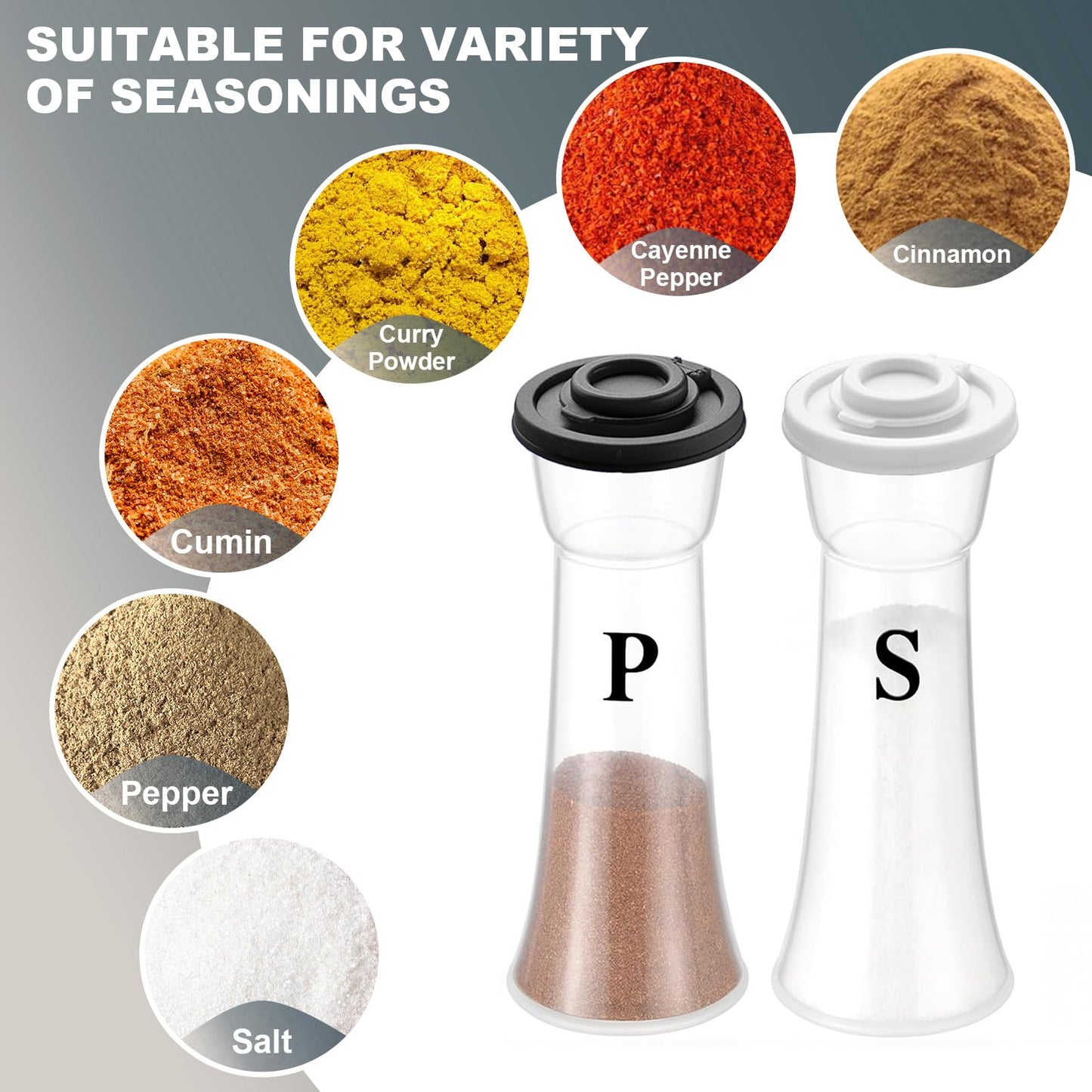 CEILUPY Salt and Pepper Shakers Set of 2, Large Clear Plastic Hourglass Shakers with 16 Pre-Printed Spice Labels, Moisture Proof Lids for Kitchen, Camping, Travel & Outdoor (Black & White)