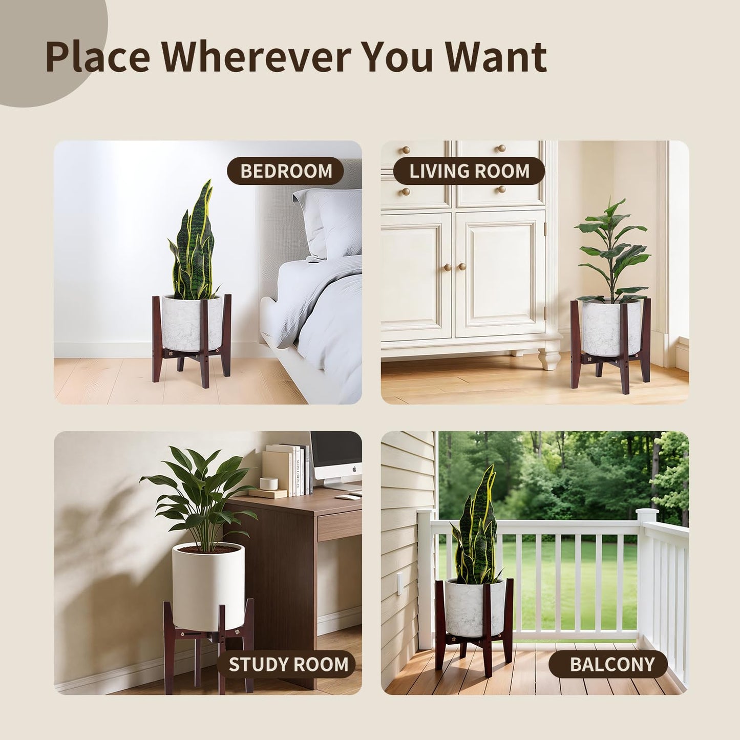 PHOARTS Wooden Adjustable Plant Stand, Mid Century Modern Metal Plant Holder for Indoor & Outdoor, Fits 8 to 15 Inch Planters Pots,Heavy Duty Flower Pot Stand for Living Room, Corner, Patio (Black,Not with pot)