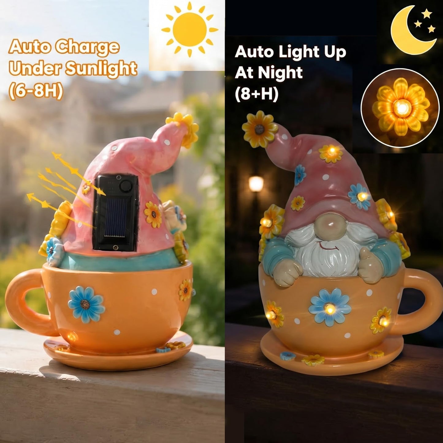 Joint Honglin Solar Garden Gnome Statue in Teacup - Outdoor Gnome Figurine with 5 Glowing LED Flowers, Waterproof Resin Yard Art Decor for Patio, Lawn, Porch, Fairy Garden Gift for Tea Lovers