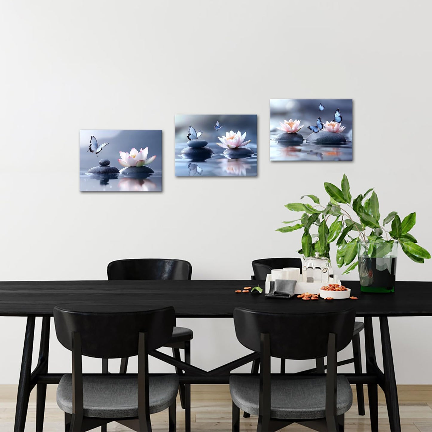 iKNOW FOTO Zen Lotus Flower Canvas Wall Art - 3pcs Calming Spa Decor with Stones and Butterfly - Water Lily Modern Artwork for Bathroom, Yoga Studio, Meditation, or Living Room - 12x16 Each