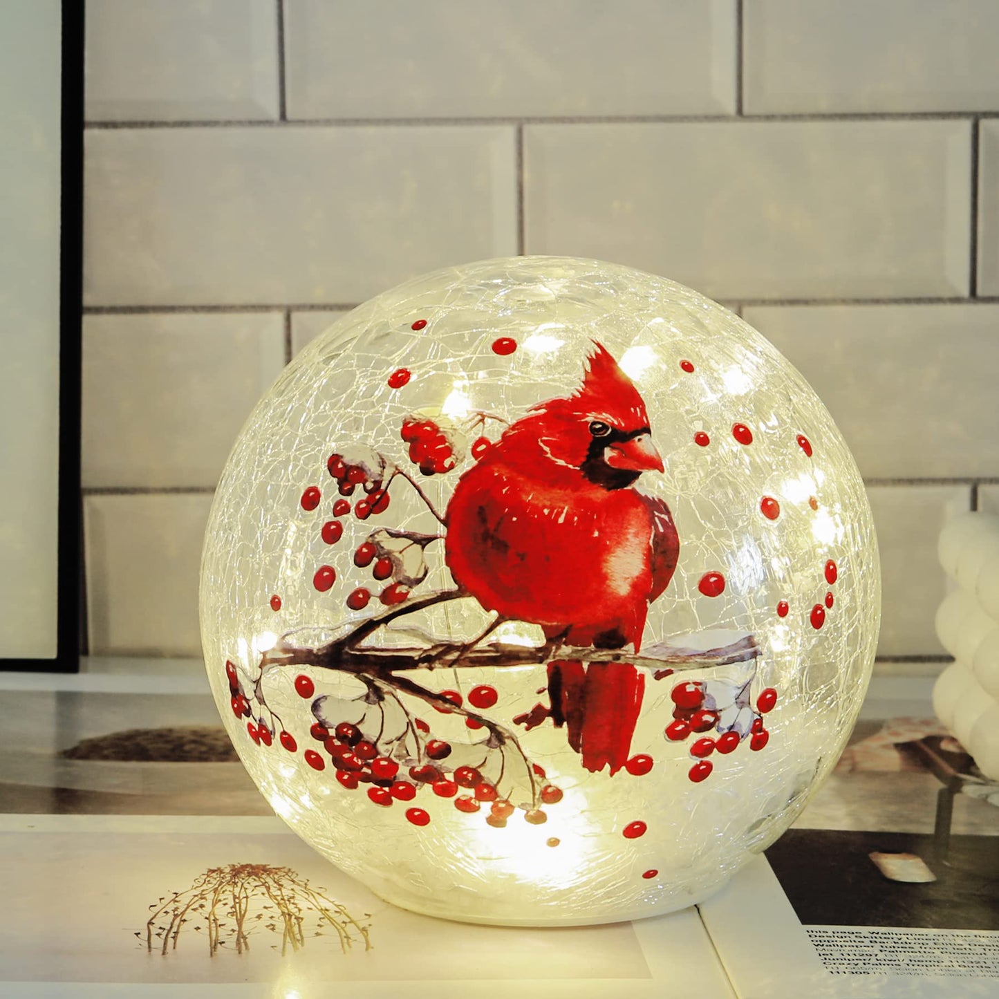 Crackle Glass Ball Cardinal Lamp with Timer, Battery Operated Red Bird Stained Christmas Decor Accent Sphere Lamp, Light Up Globe Glass Table Lamp, Mother's Day Gifts, Led Orb Cardinal Night Light