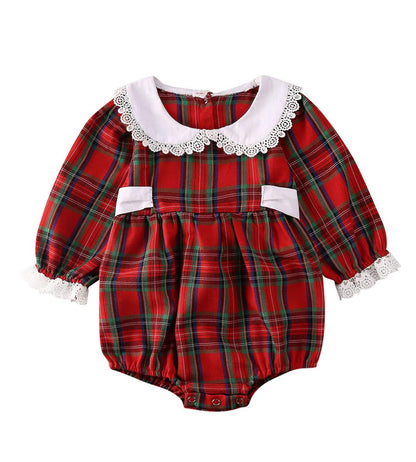 Baby Girl Christmas Dress Matching Newborn Girl Bodysuit Plaid Lace Princess Skirt Family Clothing (Romper/Long Sleeve, 0-3 Months)