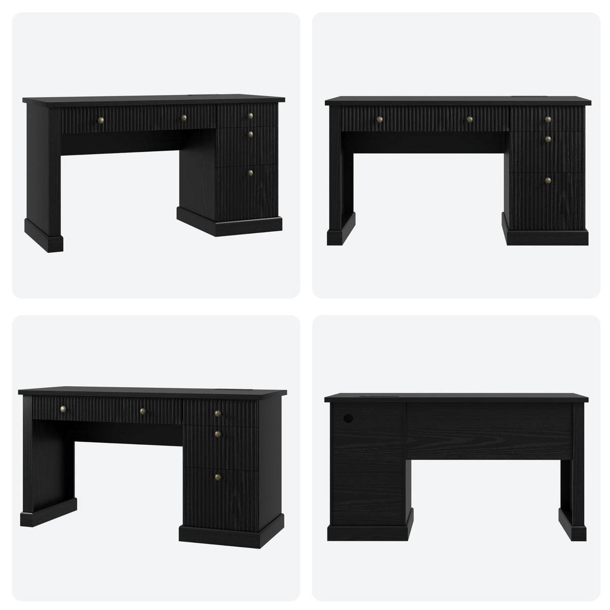 IDEALHOUSE Modern 54" Executive Office Desk with Fluted Details & Charging Station - Wooden Computer Desk with File Drawers, Home Office Storage Desk for Study, Living Room or Bedroom, Black