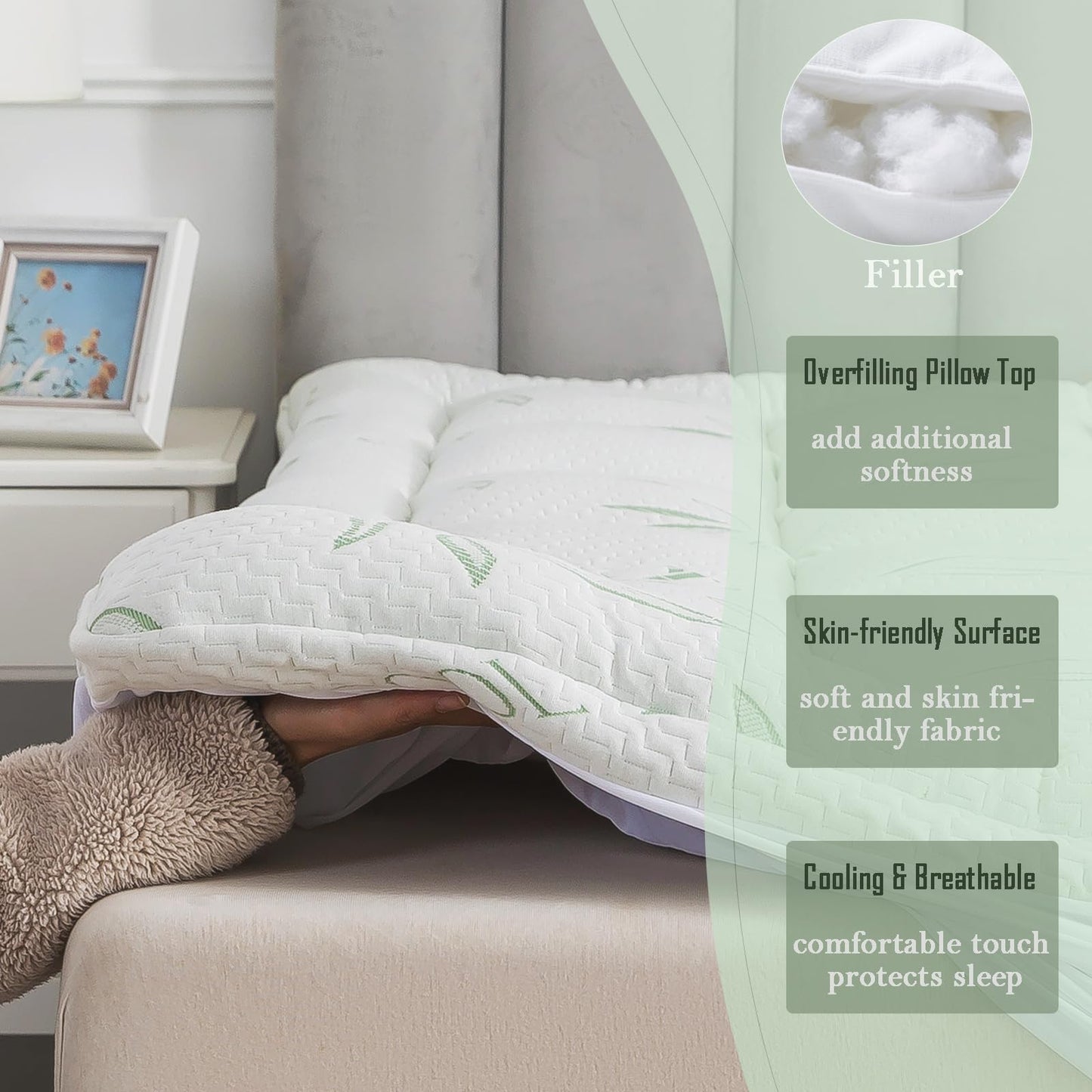 WhatsBedding Mattress Topper Twin, Soft Pillow Top Mattress Topper with Deep Pocket Fits 8–21 Inch,7D Spiral Fiber Filling, Bamboo Viscose Air Layer Twin Mattress Topper