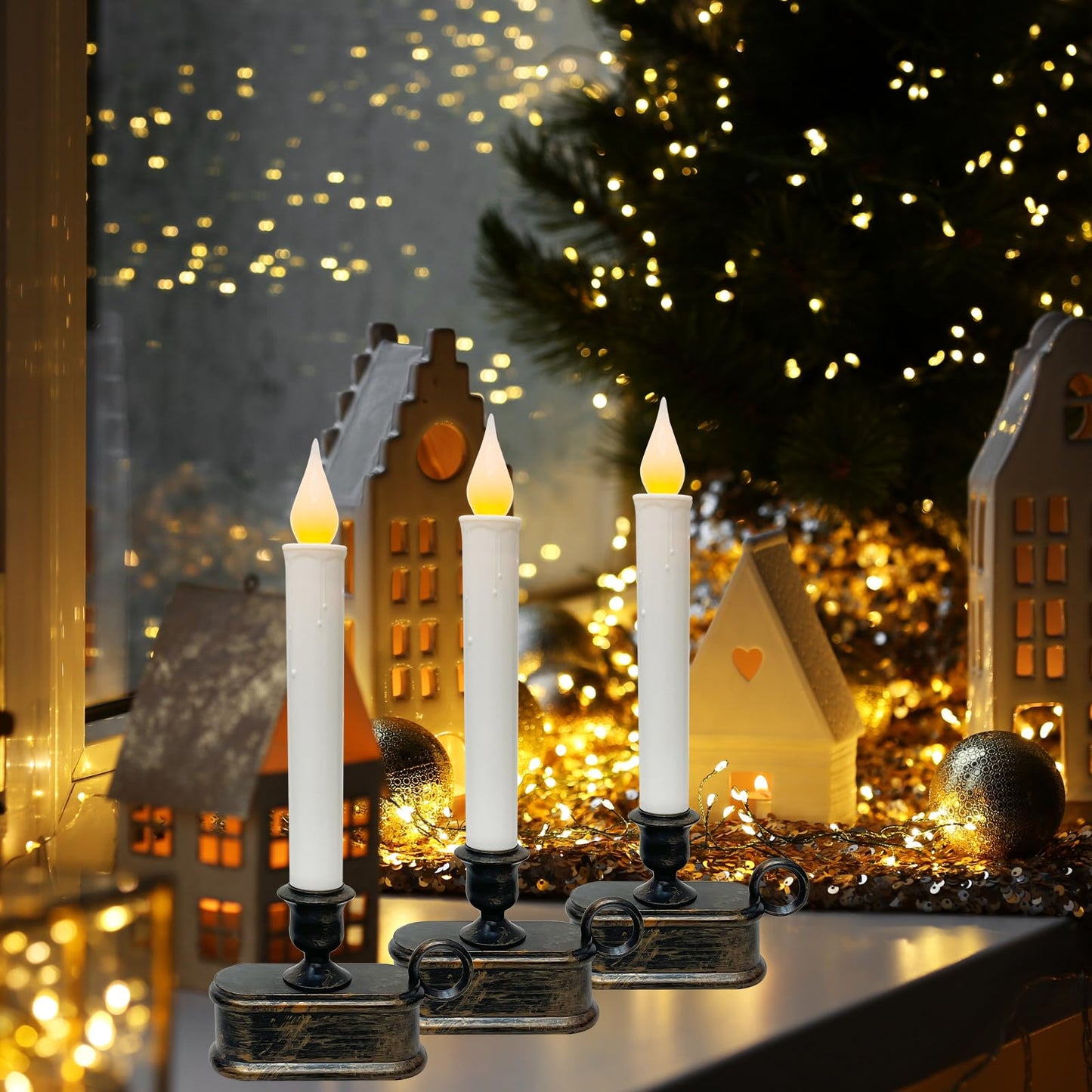 GOOTHY Set of 4 Battery Operated LED Window Candles, Dusk to Dawn Light Sensor, Flicker Flame Christmas Window Candles with Bronze Base, 10 Inch Flameless Taper Candle for Table Bedroom Christmas