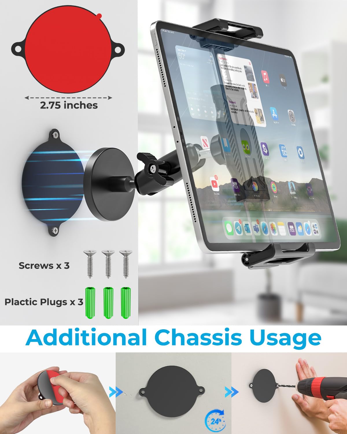 INSSKY Magnetic Holder for All 6.1-15.6'' Tablets, Fit for Fridge, Gym, Metal Surfaces, [Adjustable Arm] Magnet Tablet Mount Compatible with iPad Pro/Air/Mini, iPhone, Galaxy, and Thickness Tablet
