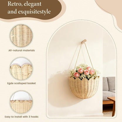 Natural Handwoven Scalloped Wall Basket Set of 2, Premium Rattan Wicker Wall Hanging Organizer for Boho Home Decor, Decorative Wall Storage for Bathroom, Entryway, Living Room & Craft Room