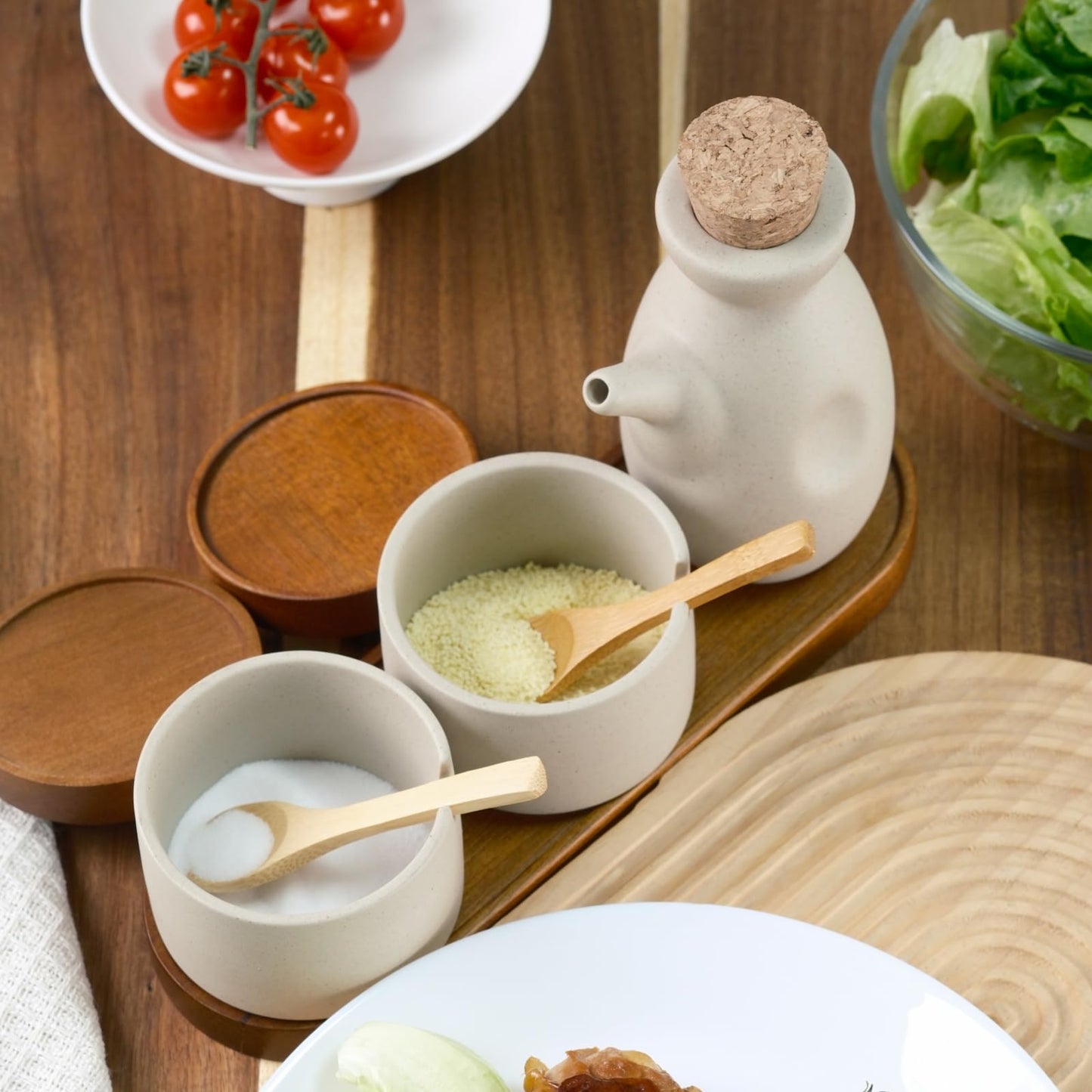 Mavolico 3 Pack Ceramic Spice and Soy Sauce Dispenser Set with Acacia Wood Lid, Complete with Sugar Salt Containers, Spoons and Wooden Tray for Kitchen and Dining