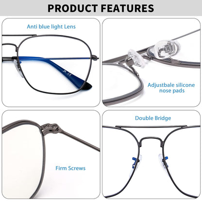 JM Blue Light Blocking Computer Glasses, Square Eye Protect Video Eyeglasses Anti Glare Men Women (Gunmetal Frame Black Temple Tips)