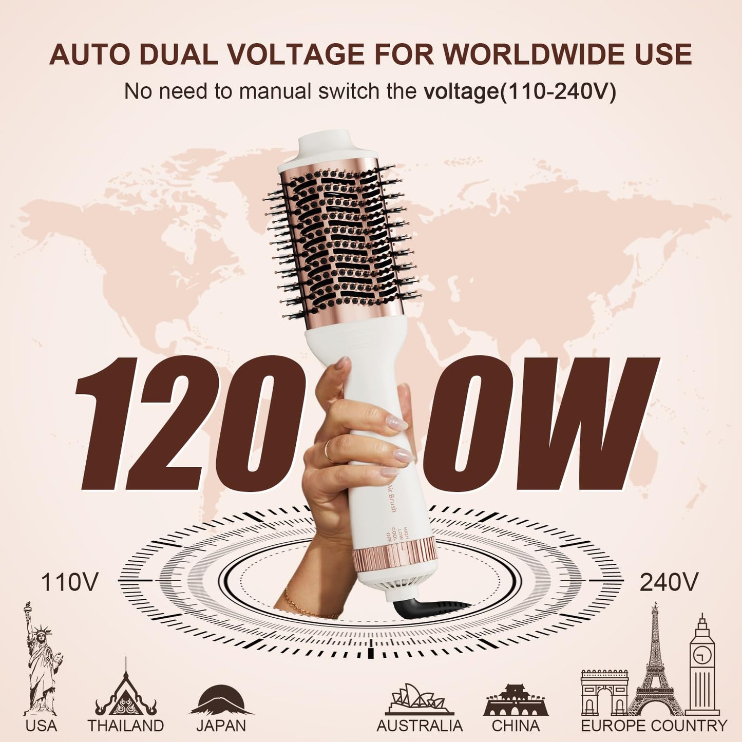 110-240V Travel Brush Hair Dryer, Small Hair Straightener Brush with European Plug Adapter for International Travel, 4 in 1 Hot Air Styler & Dryer for Drying Straightening Curling Volumizing