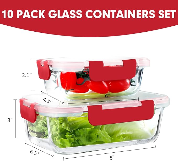 VERONES 10Pack Glass Meal Prep Containers, Airtight Glass Lunch Containers
