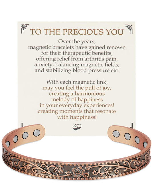 Feraco Pure Copper Bracelets for Women, 12X Enhanced Strength Magnetic Cuff Bangle for Women, 3800 Gauss Neodymium Magnets, Adjustable (Rosevine)