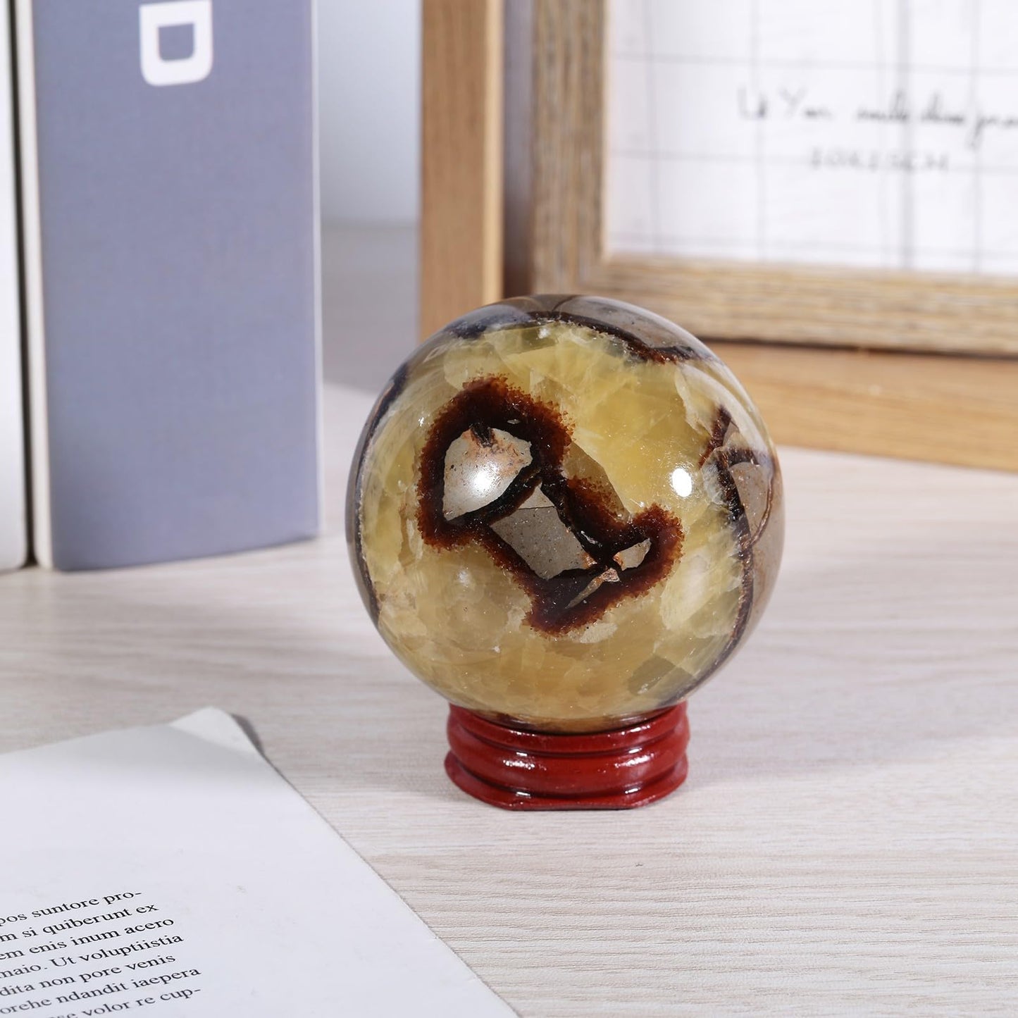 Rockcloud Natural Septarian Dragon Crystal Ball with Wooden Base, Polished Healing Stone Sphere Ornament for Fengshui Home Office Tabletop Decoration, 2.40-2.75 Inches