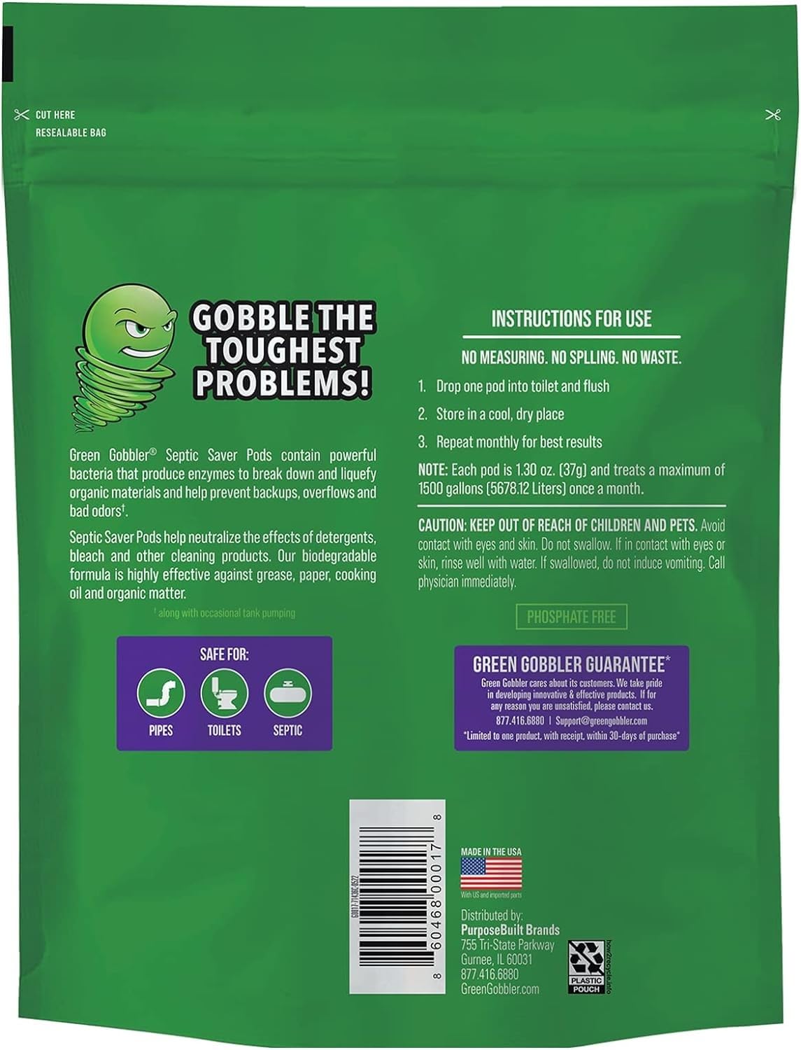 Green Gobbler Septic Saver Pods - Sewage & Septic Tank Cleaner - Bacteria Enzyme Packs for Monthly Septic Tank Treatments - 6 Pods (222g)