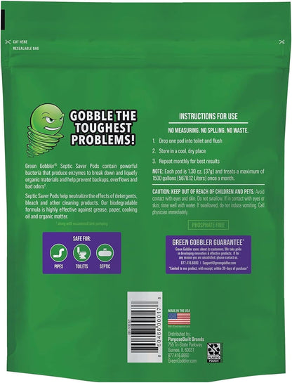 Green Gobbler Septic Saver Pods - Sewage & Septic Tank Cleaner - Bacteria Enzyme Packs for Monthly Septic Tank Treatments - 6 Pods (222g)